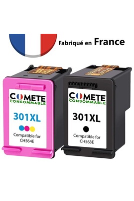Cartouche d'encre Comete Consommable COMETE - 301 XL - Pack 2 Cartouches  Made in France compatibles HP 301 XL Noir+Couleur - HP Envy Deskjet 1000  1510 2540 3050/ HP Envy 4500 4507 5530 /