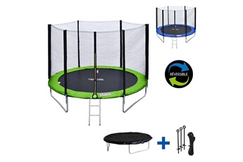 Trampoline Happy Garden Pack premium trampoline 180cm réversible vert / bleu cairns + filet, échelle, bâche et kit d'ancrage