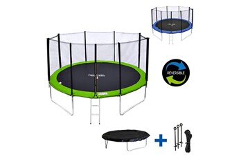 Trampoline Happy Garden Pack premium trampoline 430cm réversible vert / bleu melbourne + filet, échelle, bâche et kit d'ancrage