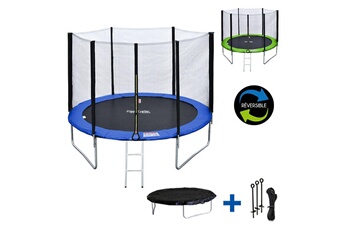 Trampoline Happy Garden Pack premium trampoline 305cm réversible bleu / vert adelaïde + filet, échelle, bâche et kit d'ancrage