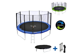 Trampoline Happy Garden Pack premium trampoline 430cm réversible bleu / vert melbourne + filet, échelle, bâche et kit d'ancrage