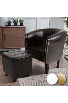 fauteuil de salon miadomodo  fauteuil chesterfield avec repose-pied - en simili cuir, avec eléments décoratifs en cuivre, marron - chaise, cabriolet, tabouret pouf, meuble de