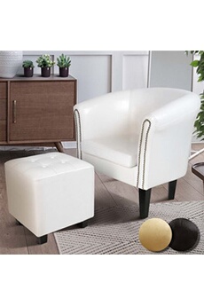 fauteuil de salon miadomodo  fauteuil chesterfield avec repose-pied - en simili cuir, avec eléments décoratifs en cuivre, blanc - chaise, cabriolet, tabouret pouf, meuble de