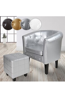 fauteuil de salon miadomodo  fauteuil chesterfield avec repose-pied - en simili cuir, avec eléments décoratifs touffetés, argenté - chaise, cabriolet, tabouret pouf, meuble de