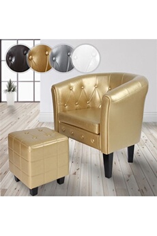 fauteuil de salon miadomodo  fauteuil chesterfield avec repose-pied - en simili cuir, avec eléments décoratifs touffetés, doré - chaise, cabriolet, tabouret pouf, meuble de
