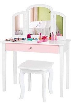 coiffeuse giantex coiffeuse pour enfants 2 en 1 avec miroir amovible et pliable, 1 grand tiroir style princesse blanc