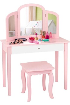 coiffeuse giantex coiffeuse pour enfants 2 en 1 avec miroir amovible et pliable, 1 grand tiroir style princesse rose