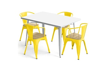 Iconik Interior Chaises Table de salle à manger + x4 chaises avec accoudoir en acier set bistrot metalix design industriel - nouvelle edition jaune