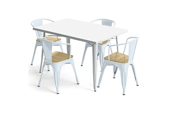 Iconik Interior Chaises Table de salle à manger + x4 chaises avec accoudoir en acier set bistrot metalix design industriel - nouvelle edition bleu gris