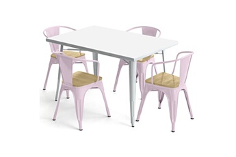 Iconik Interior Chaises Table de salle à manger + x4 chaises avec accoudoir en acier set bistrot metalix design industriel - nouvelle edition rose pâle