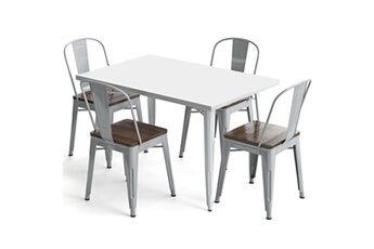Iconik Interior Chaises Table de salle à manger + x4 chaises set bistrot metalix design industriel métal et bois foncé - nouvelle edition argenté