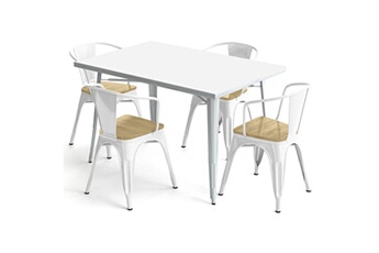 Iconik Interior Chaises Table de salle à manger + x4 chaises avec accoudoir en acier set bistrot metalix design industriel - nouvelle edition blanc