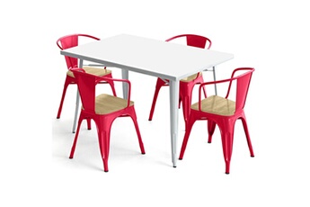 Iconik Interior Chaises Table de salle à manger + x4 chaises avec accoudoir en acier set bistrot metalix design industriel - nouvelle edition rouge