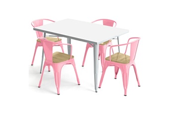 Iconik Interior Chaises Table de salle à manger + x4 chaises avec accoudoir en acier set bistrot metalix design industriel - nouvelle edition rose