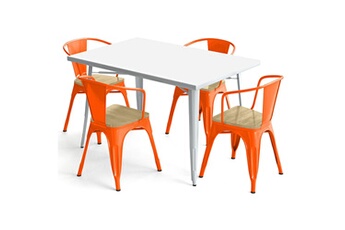 Iconik Interior Chaises Table de salle à manger + x4 chaises avec accoudoir en acier set bistrot metalix design industriel - nouvelle edition orange
