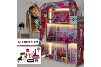 Accessoire poupée Infantastic Xxxl maison de poupée en bois - avec lumières led, 121 x 80 x 41 cm, 3 étages, grande, meubles et accessoires inclus (12 pièces), pour poupée de 27 cm