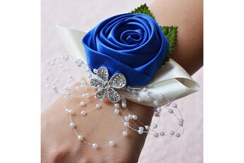 Article et décoration de fête Wewoo Mariée à la main rose et bleu poignet fleur boutonnière bouquet corsage diamant satin fleurs