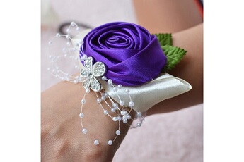 Article et décoration de fête Wewoo Boucle de mariée fait à rose et violet la main fleur poignet boutonnière bouquet corsage diamant satin fleurs foncé