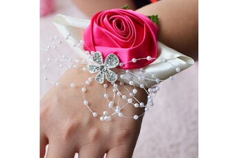 Article et décoration de fête Wewoo Mariée à la main fleur rose et magenta poignet boutonnière bouquet corsage diamant satin fleurs