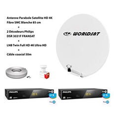 Kit Antenne Parabole Sat HD 4K Fibre SMC Blanche 85cm WORLDSAT + 4 Décodeurs Philips DSR 3031F Kit Antenne Parabole Sat HD 4K Fibre SMC Blanche 85cm WORLDSAT + 4 Décodeurs Philips DSR 3031F