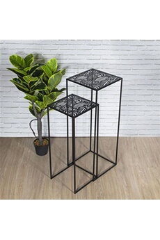 table d'appoint altobuy flora - lot de 2 sellettes gigognes métal noir motif feuille -