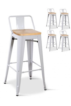 tabouret bas kosmi - lot de 4 tabourets industriels coloris blanc mat et assise en bois clair hauteur 66cm