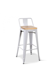 tabouret bas kosmi - chaise de bar, tabouret haut style industriel avec petit dossier en métal blanc mat et assise en bois naturel clair