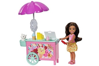 Poupée Mattel Barbie famille mini-poupée brune chelsea et son chariot à glaces avec figurine de chat et petits accessoires, jouet pour enfant, fdb33