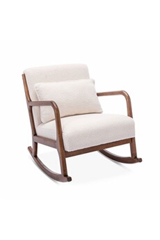 rocking chair sweeek fauteuil à bascule design en bois et tissu bouclettes blanches structure hévéa teinté noyer clair