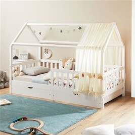 Lit Cabane Montessori Rena Gris 90x200 Cm - Pin Massif Avec Barrières De Sécurité