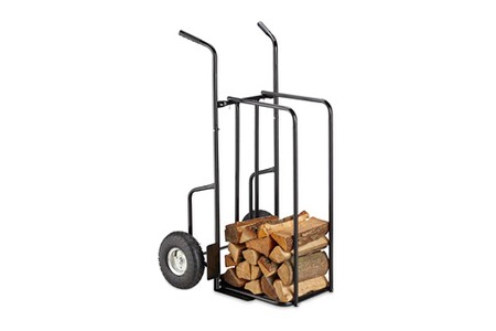 Porte-bûches Relaxdays Chariot à bois de cheminée xl en métal, avec 2 grosses roues, jusqu’à 200kg, transport de bois, noir