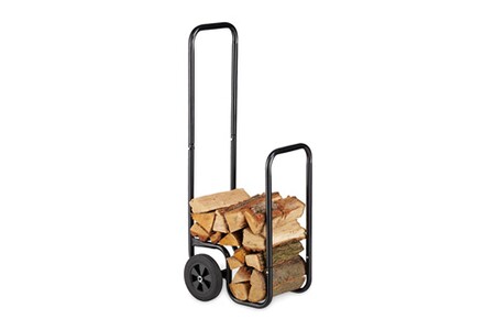 Porte-bûches Relaxdays Chariot à bois de cheminée, chariot à bois de chauffage en métal, avec 2 roues, jusqu’à 60 kg, noir