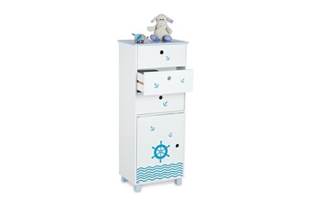 Armoire bébé Relaxdays Commode pour enfants, design maritime, 3 tiroirs et 1 placard, étagère chambre, hlp 105x42x30 cm, blanc-bleu