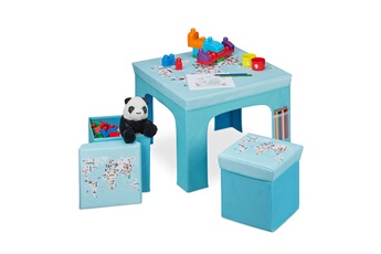 Table et chaise enfant Relaxdays Tables et chaises enfants, pliable, tabouret avec rangement, dessin, chambre, bleu clair