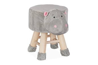 Table et chaise enfant Relaxdays Tabouret enfant motifs animaux pouf 4 pieds assise rembourrée décoration amusant hippopotame, gris