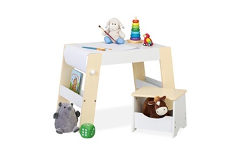Table et chaise enfant Relaxdays Tabouret et table enfants, bureau et siège, jeux et rangement, rouleau papier dessin, set table, blanc - beige