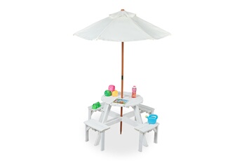 Table et chaise enfant Relaxdays Table de jeu d'enfants, extérieur, plateau rond, 4 enfants, table pique-nique jardin avec parasol, bois, blanc