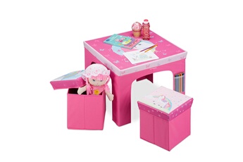 Table et chaise enfant Relaxdays Tables et chaises enfants, pliable, tabouret avec rangement, dessin, chambre, rose
