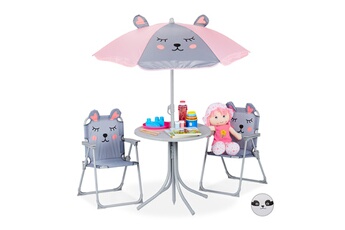 Table et chaise enfant Relaxdays Ensemble chaise table de camping, pour enfants, meubles, avec parasol, pliables, motif souris, jardin, gris