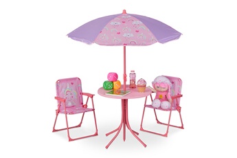 Table et chaise enfant Relaxdays Ensemble chaise table de camping, pour enfants, meubles, avec parasol, pliables, motif licorne, jardin, rose