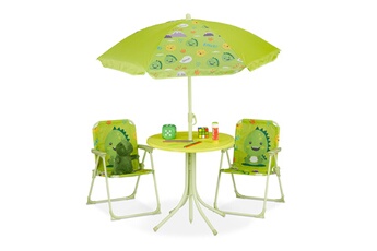 Table et chaise enfant Relaxdays Ensemble chaise table de camping, pour enfants, meubles, avec parasol, pliables, motif monstre, jardin, vert
