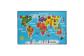 Tapis pour enfant Relaxdays Tapis de jeu, carte du monde, 150x100 cm, à poils courts, antidérapant, animaux et océans, éducatif, bleu