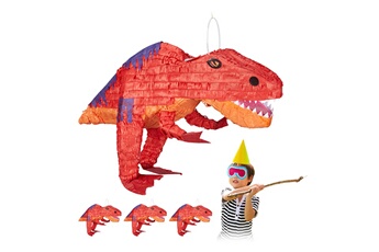 Article et décoration de fête Relaxdays Pinata à suspendre dinosaure t-rex, lot de 4, pour enfants, à remplir anniversaire jeux décoration papier, rouge