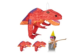 Article et décoration de fête Relaxdays Pinata à suspendre dinosaure t-rex, lot de 3, pour enfants, à remplir anniversaire jeux décoration papier, rouge