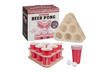 Article et décoration de fête Relaxdays Set jeu beer pong, jeu à boire 16 pièces, 12 gobelets, supports & balles, jeu d'alcool adultes, naturel/rouge