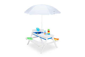 Autres jeux d'éveil Relaxdays Table de jardin pour enfants, en bois, bacs pour jouer avec l eau et le sable, parasol inclus, blanche