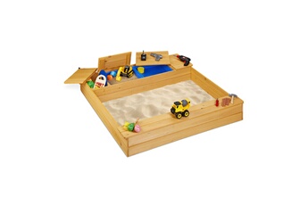 Bac à sable Relaxdays Bac à sable bois, compartiment à eau, caisse, plastique, bancs, 125 x 120 cm, jeu enfants extérieur, nature