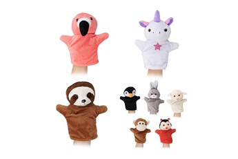 Autres jeux d'éveil Relaxdays Marionnettes pour enfants, lot de 8 animaux, singe, licorne, paresseux, flamant, poupées, peluche, colorés
