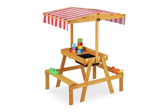 Autres jeux d'éveil Relaxdays Ensemble table chaise, banc avec espace de jeux, protection solaire, extérieur, boue, en bois hlp 110x65x83cm