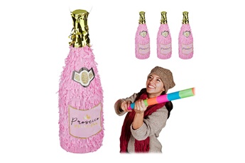 Article et décoration de fête Relaxdays 4x pinatas anniversaire, bouteille de champagne à suspendre, princesse, à remplir, jeu de fête, rose-doré